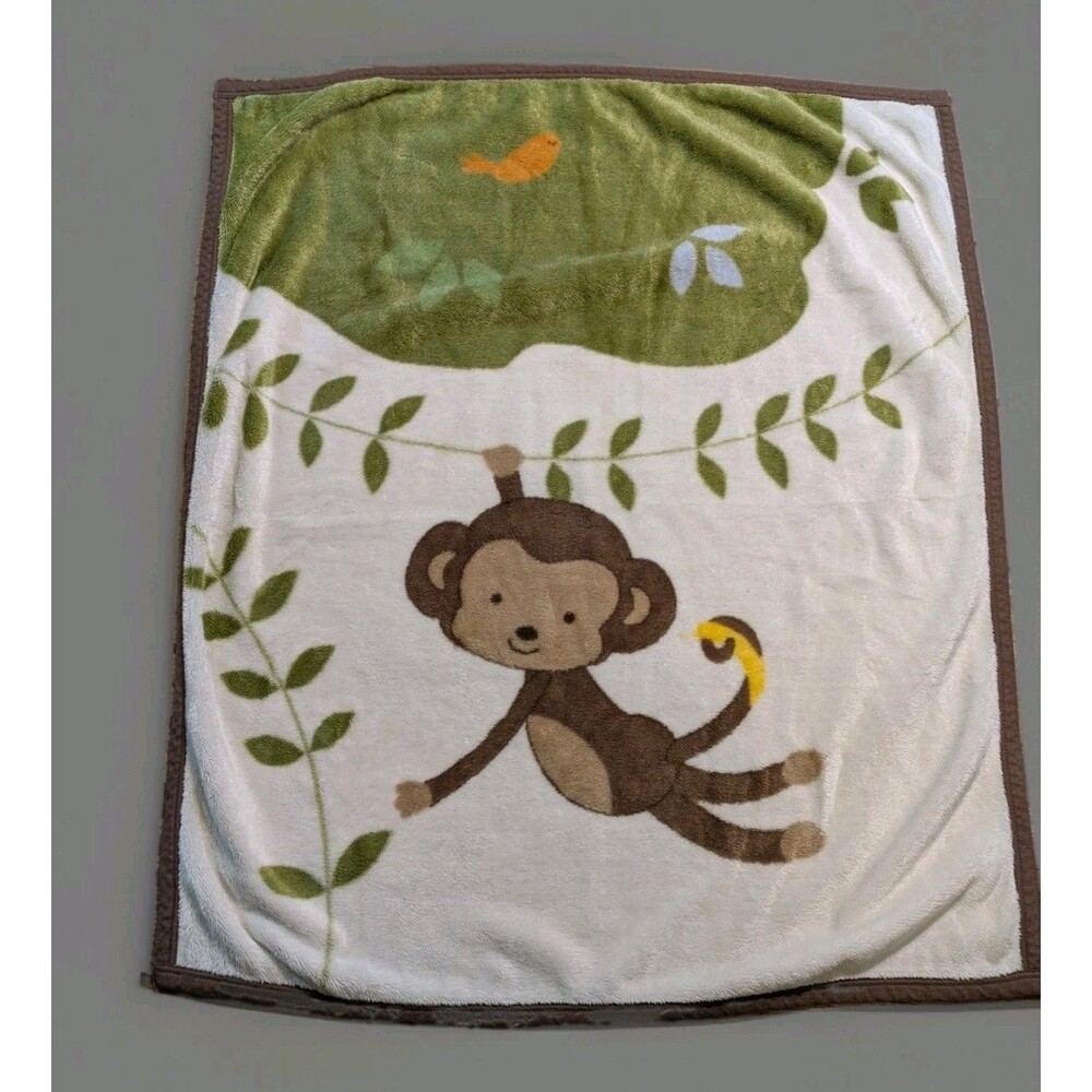 Cocalo Monkey Baby Blanket Green Tree Orange Bird Throw Brown Trim Plush Fleece